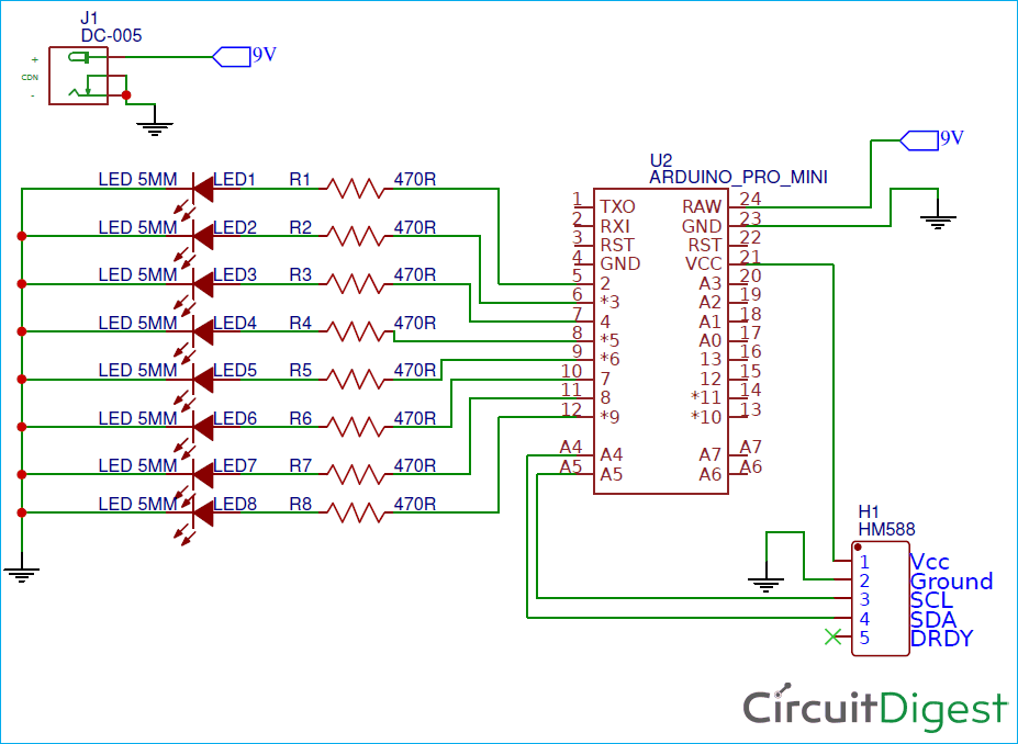 Description:Circuit Diagram for Digital Compass using Arduino and HMC5883L Magnetometer